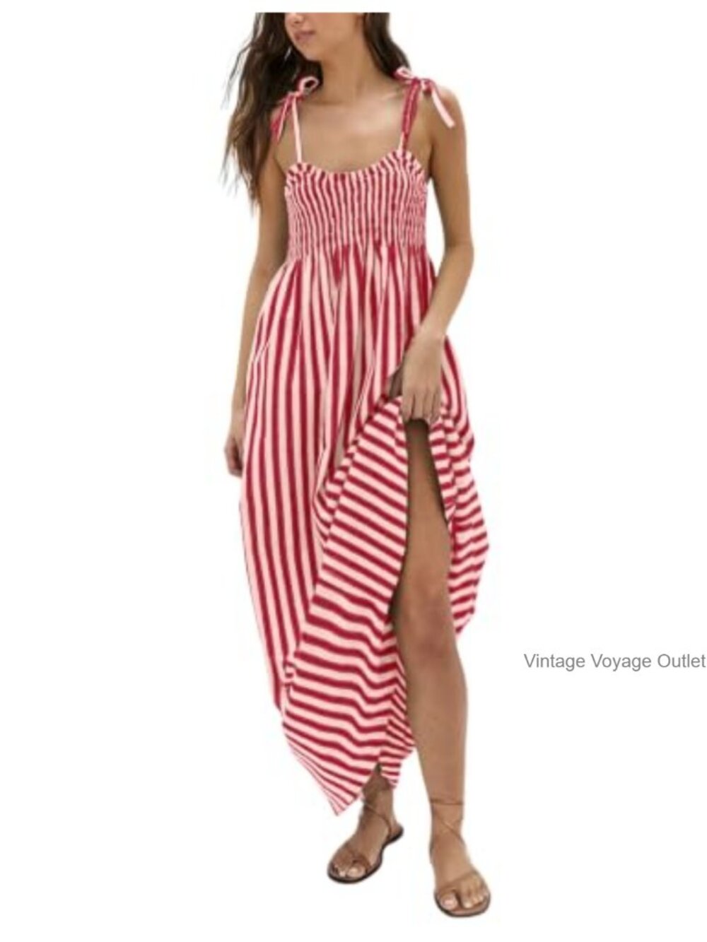 Women's Striped Smocked Maxi Dress Spaghetti Strap Swing with Pockets